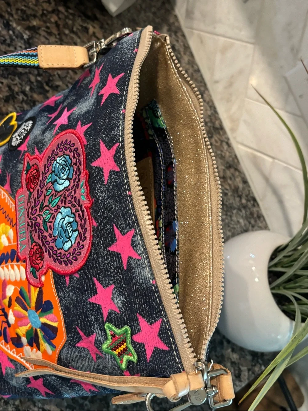Consuela Multicolor Embroidered Crossbody with Leather Trim